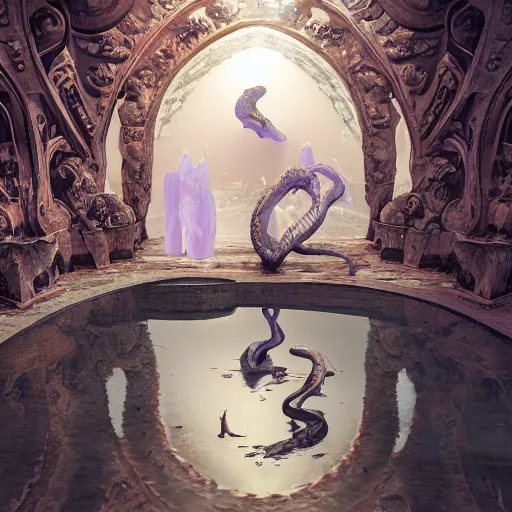 Prompt: hyperrealstic random objects in a surreal dreamscape environment by salvador dali, highly detailed, 3 d render, vray, octane, realistic lighting, photorealistic, colorful, intricate, elegant, wayne barlowe, water, mirrors, doorway, beautiful, masterpiece