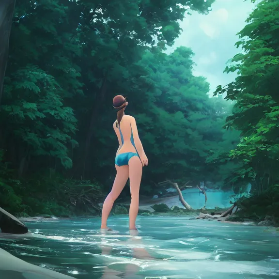 Prompt: one single girl wearing a blue full body bathing suit wading, wading weight high water, standing in a narrow river, trees bent over the river, shady, ripples, facing, looking at the camera, inviting look, atmospheric lighting. By Makoto Shinkai, Stanley Artgerm Lau, WLOP, Rossdraws, James Jean, Andrei Riabovitchev, Marc Simonetti, krenz cushart, Sakimichan, trending on ArtStation, digital art.