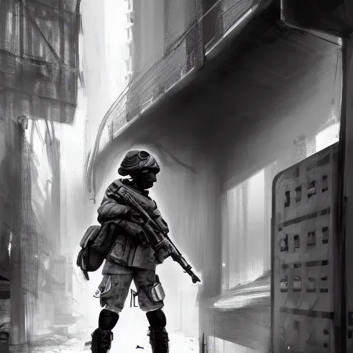 Image similar to black and white female soldier with sniffer dog exploring urban environment, concept art trending on art station 4k award-winning unreal engine