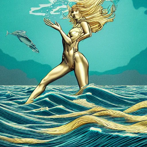 Image similar to gold and silver tones, alluring siren in the sea attracting a boat of sailors, style of moebius, james jean, rutkowski, mcbess, cinematic, high detail, award winning, 8 k photorealistic