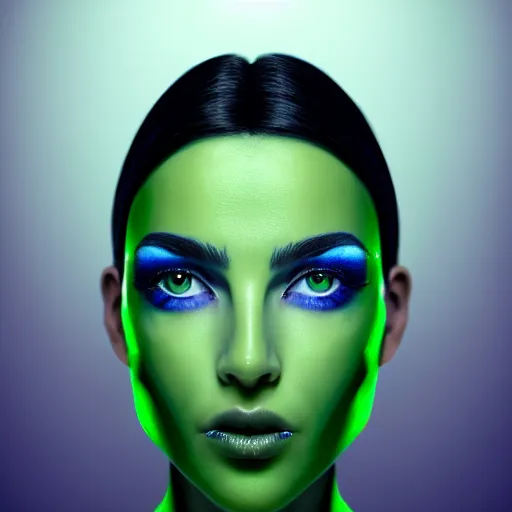 Image similar to photorealistic portrait of beautiful toxic girl, black hair, blue eyes, smooth face, glowing skin, detailed face, green colours, sharp focus