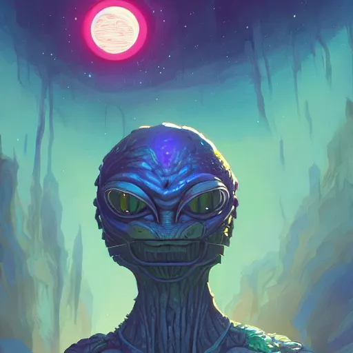 Image similar to glowing alien monster inspired by René Laloux, Dan Mumford, Greg Rutkowski,stars, cinematic