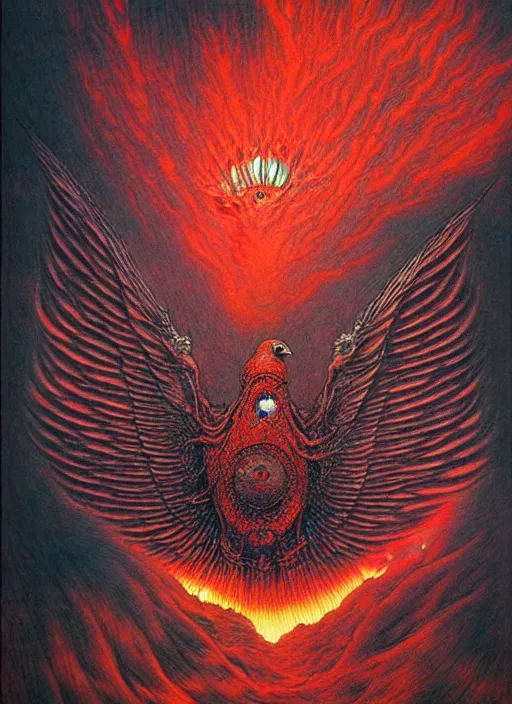 Image similar to a side view of spirit of chthonic demonic pigeon with red eyes, on background red lake on fire, highly detailed, art by Ayami Kojima, Beksinski, Giger