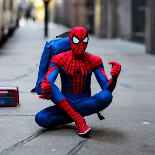 Image similar to film of spiderman with a backpack on his way to school on the streets of new york, lonely atmosphere, director by christopher nolan