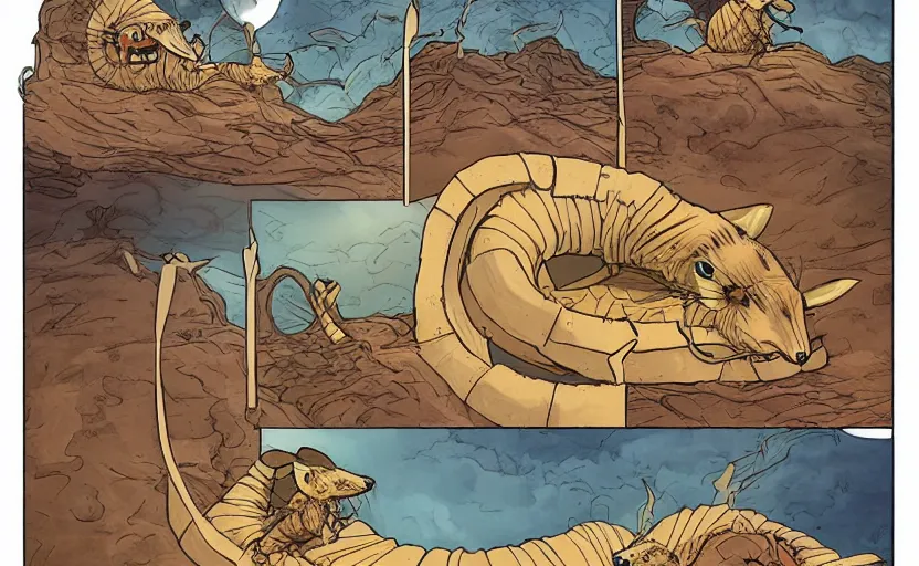 Image similar to incredible eye catching comic panel showing a desert mouse riding a sandworm of the deep desert