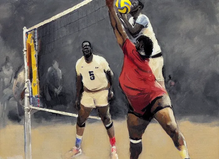 Image similar to a highly detailed beautiful portrait of notorious big playing voleyball, by gregory manchess, james gurney, james jean