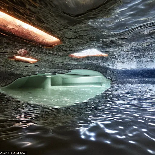 Image similar to photo of a bizarre oddly-shaped interior submerged by one foot deep water everywhere