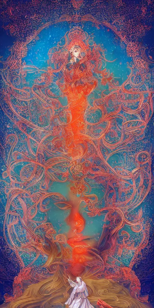 Image similar to ai dreams of god. baroque, deep focus, fantasy, intricate, elegant, highly detailed, digital painting, artstation, sharp focus, illustration. scarlet - green and mustard - indigo and azure - orange and white color scheme.