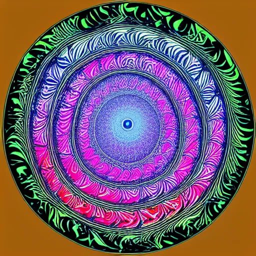 Prompt: a beautiful illustration of a psychedelic spiral tree diagram