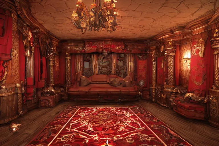 Image similar to red baroque steampunk spaceship interior, viewport, commander's deck made of bone, rendered in unreal engine 5, cryengine, arnold and zbrush, epic lighting. persian rug, pipes, luxury furniture