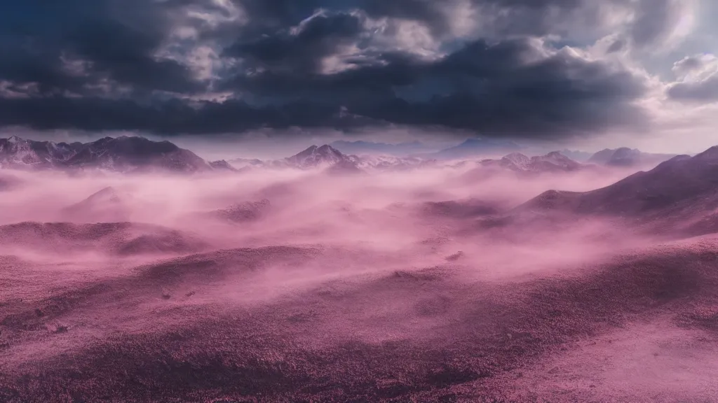 Image similar to a war between difference samurai fractions ongoing on soft glow pink desert with snow mountains and cloudy skies, purple fog, long exposure, detailed, hyper realistic, photorealism, landscape, ultra wide angle view, peaceful, cinematic, volumetric lighting, god ray through clouds