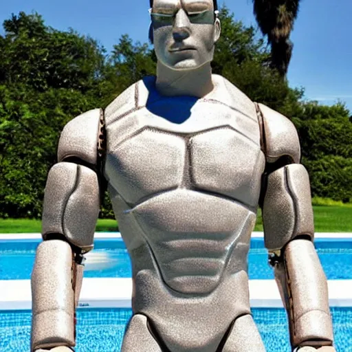 Image similar to a realistic detailed photo of a guy who is an attractive humanoid who is half robot and half humanoid, who is a male android, wrestler zack ryder, shiny skin, posing like a statue, blank stare, by the pool, on display, showing off his muscles, humanoid robot, frozen ice statue