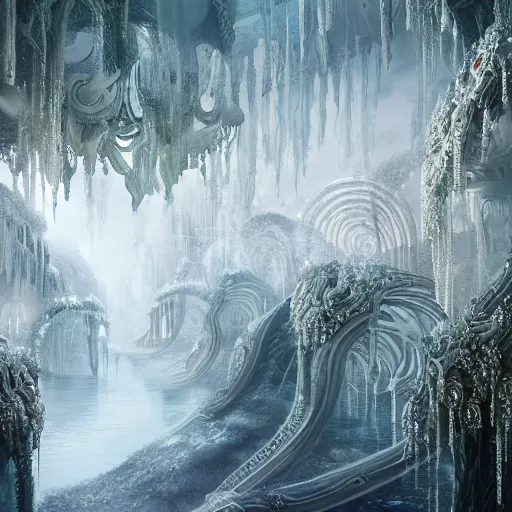 Image similar to under an white intricate like lace epic forest suspended in the air upside down, a white pool with intricate epic circles of water within floating female robots, dressed in intricate veils and jewels, and an intricate mythological underwater city, epic environment, matte painting, diffused lighting, highly detailed, cinematic, epic atmosphere, digital art, trending on artstation, wide angle