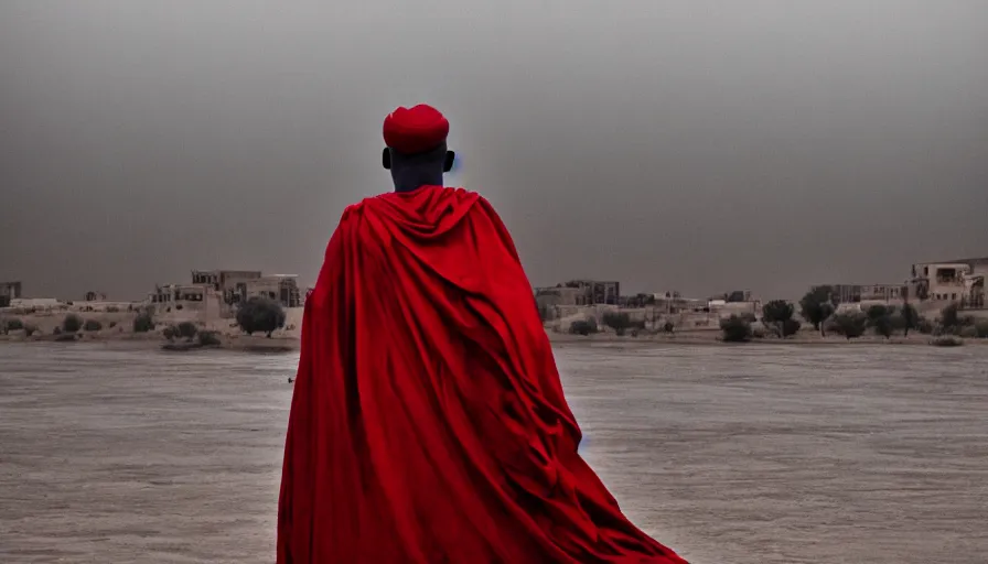 Prompt: movie still by djibril diop mambety of a man in red drapery in a blood barque on a river next to a neoclassical spherical city in the desert, leica sl 2 5 0 mm, heavy grain, high quality, high detail, foggy, mud