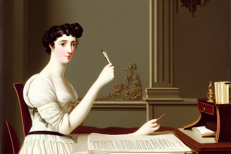 Image similar to georgian dress, directoire style, regency, empire silhouette, lady writing at her desk by vittorio reggianini, bright lighting, perfectly detailed eyes, beautiful hands, pale skin, clear face