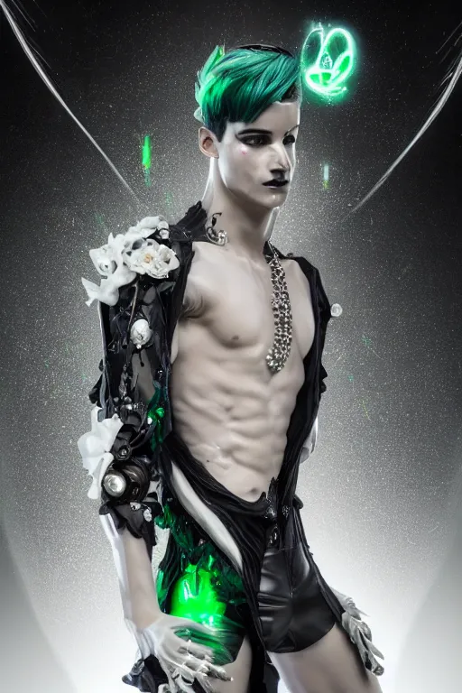 Prompt: full-body rococo and cyberpunk style crystal quartz sculpture of a young handsome seductive chilean android gogo boy reaching for the moon, glowing white laser eyes, crown of black gears and diamonds, swirling green-colored silk fabric. futuristic elements. full-length view. intricate artwork by caravaggio. Trending on artstation, octane render, cinematic lighting from the right, hyper realism, octane render, 8k, depth of field, 3D