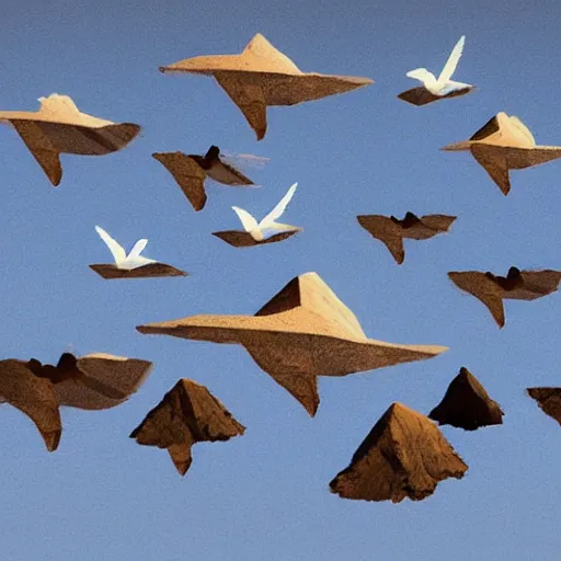 Prompt: A flying mountain on the sky surrounded by birds with human heads. Birds of human heads.