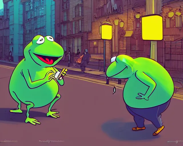 Prompt: a study of cell shaded cartoon of an obese kermit smoking a cigarette on a city street, street lamps, road, illustration, wide shot, subtle colors, post grunge, concept art by josan gonzales and wlop, by james jean, Victo ngai, David Rubín, Mike Mignola, Laurie Greasley, highly detailed, sharp focus, Trending on Artstation, HQ, deviantart, art by artgem