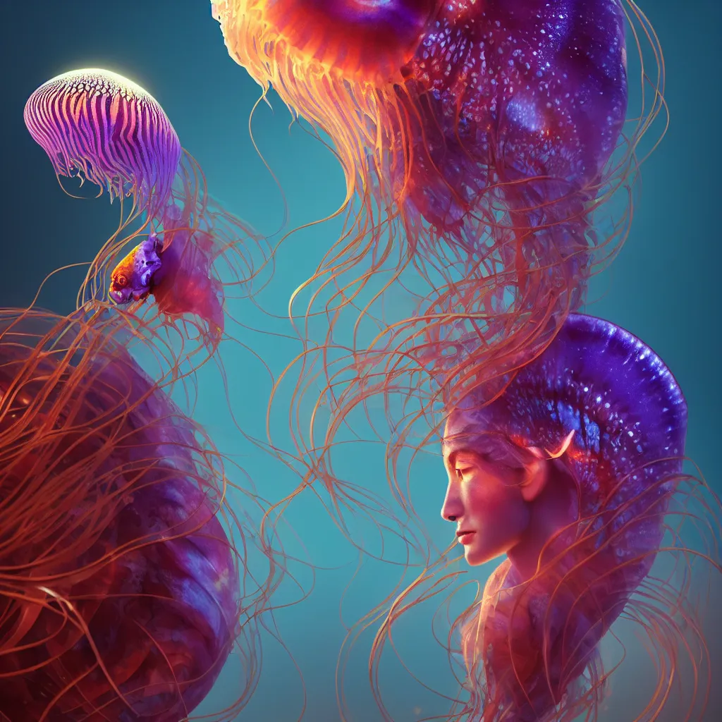 Image similar to goddess close-up portrait. orchid jellyfish phoenix head, nautilus, skull, betta fish, bioluminiscent creatures, intricate artwork by Tooth Wu and wlop and beeple. octane render, trending on artstation, greg rutkowski very coherent symmetrical artwork. cinematic, hyper realism, high detail, octane render, 8k