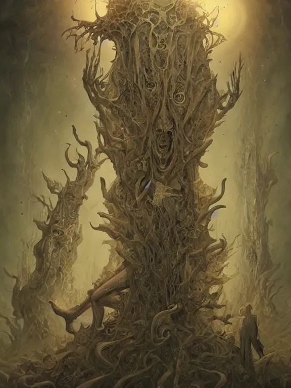 Prompt: A horror illustration layout design of an old Prophecy book revealing the Yidhra who is absorbing other lifeforms to makes her immortall,by Peter Mohrbacher and andrew ferez and Maximilian Pirner and aaron horkey and peter gric,trending on pinterest,medieval,rococo,maximalist,glittering,feminine