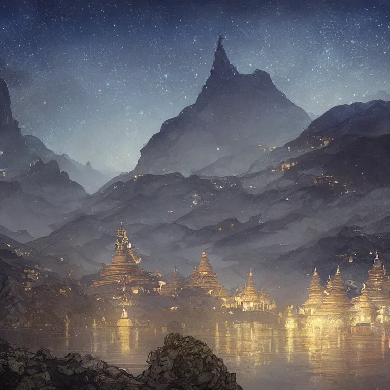 Prompt: a beautiful painting of the view from the river of the domes and towers of the ancient tibetan carved stone city, under the night sky with stars, intricate, elegant, highly detailed, digital painting, artstation, concept art, by krenz cushart and artem demura and alphonse mucha