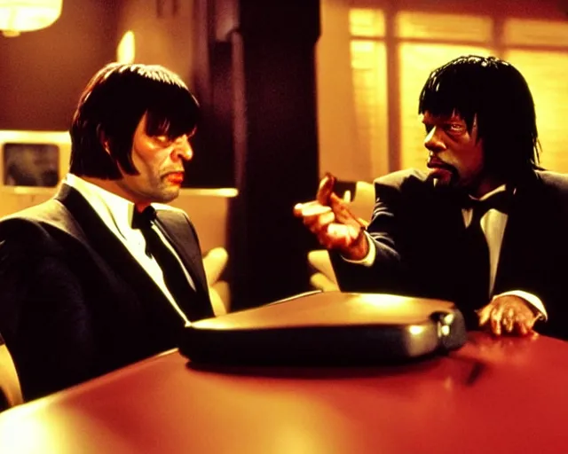 Prompt: detailed Mads Mikkelsen as Vincent Vega in Pulp Fiction with his partner Jules Winnfield, movie scene