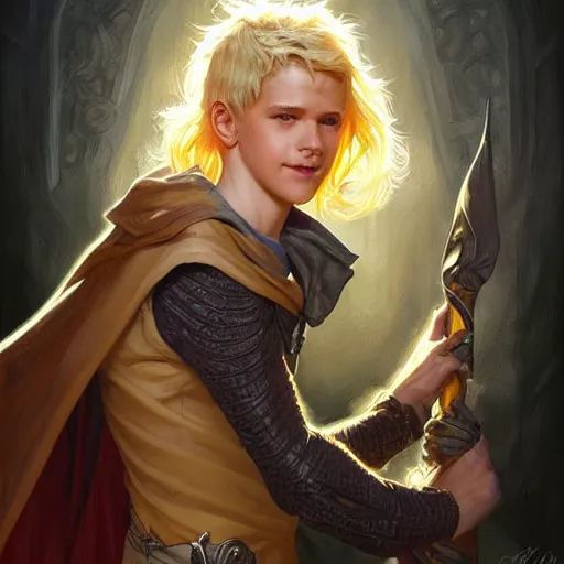 Image similar to an epic fantasy comic book style portrait painting of a young blonde boy thief, d & d, fantasy, joyful smirk, intricate, elegant, highly detailed, digital painting, artstation, concept art, matte, sharp focus, illustration, art by artgerm and greg rutkowski and alphonse mucha