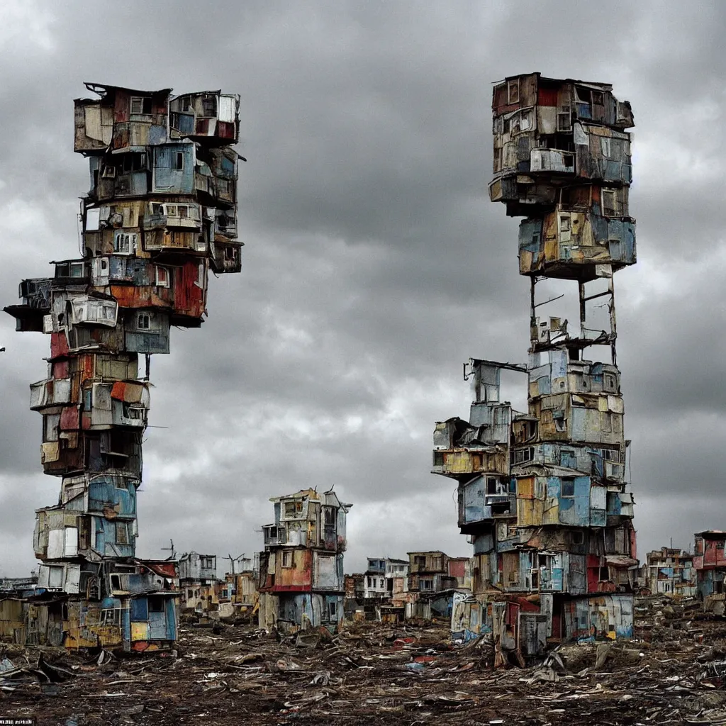 Prompt: close - up view of a tower made up of colourful makeshift squatter shacks with bleached colours, moody cloudy sky, dystopia, mamiya, fully frontal view, very detailed, photographed by bruno barbey