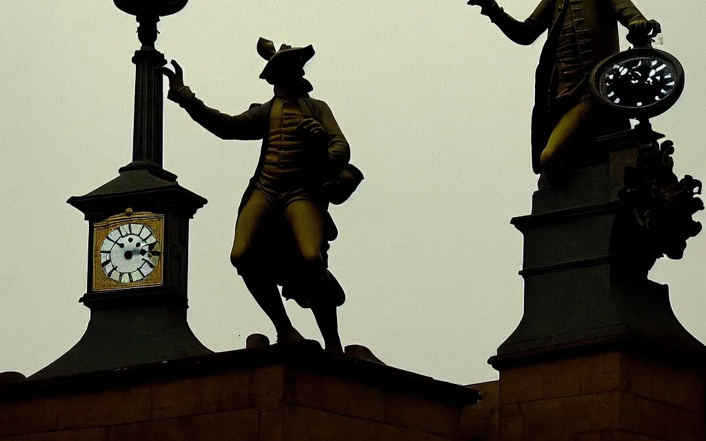 Prompt: a lonely statue of a man standing on top of a clock, a flemish baroque by henry macbeth - raeburn, flickr, rococo, rococo, flemish baroque, sabattier filter