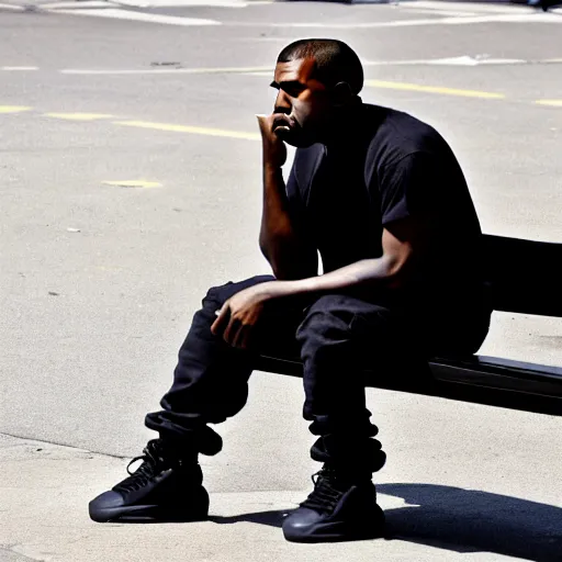 Image similar to dslr photo still of sad kanye west sitting on a park bench with a tear on his cheek, 8 k, 1 1 0 mm f 1 6