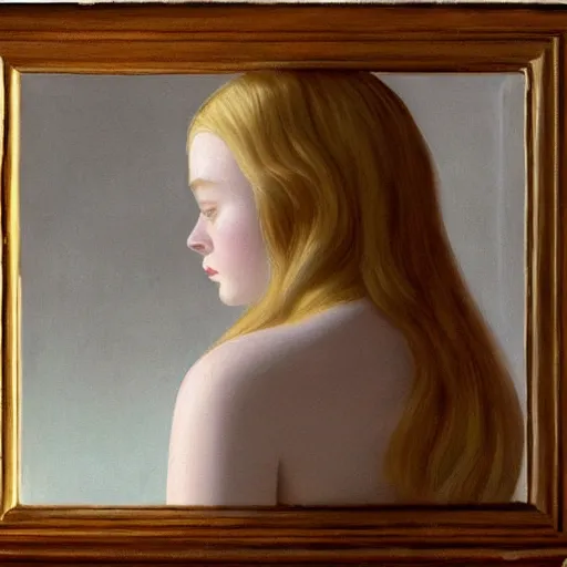 Image similar to Painting of Elle Fanning looking in a haunted mirror, long blonde hair, delicate, pale milky white porcelain skin, by Edward Hopper. 8K. Extremely detailed.