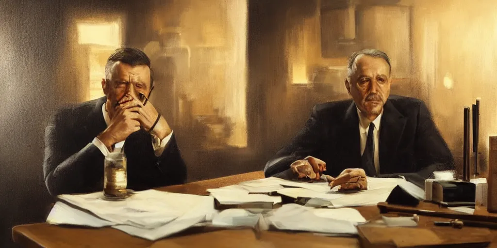 Image similar to beautiful oil matte portrait painting, mafia boss smoking at his 5 0 s new york office desk, wonderful masterpiece highly detailed, beautiful cinematic light deep focus, elegant, digital painting, smooth, sharp focus, golden ratio, dramatic illumination, ultra realistic, 8 k, art by jimmy law