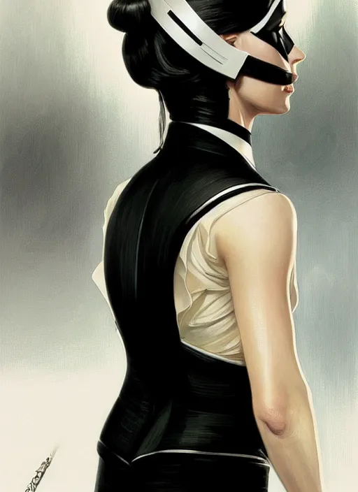 Image similar to portrait of emily blunt with snake eyes as business woman, black suit, white shirt, black tie, intricate, headshot, highly detailed, digital painting, artstation, concept art, sharp focus, cinematic lighting, illustration, art by artgerm and greg rutkowski, alphonse mucha, cgsociety