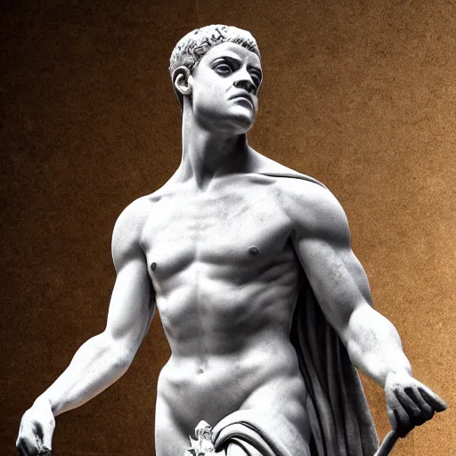 Prompt: rami malek as marble statue of ancient roman emperor, created by michelangelo, museum photoshot, 3 d photorealistic render, high resolution, 8 k