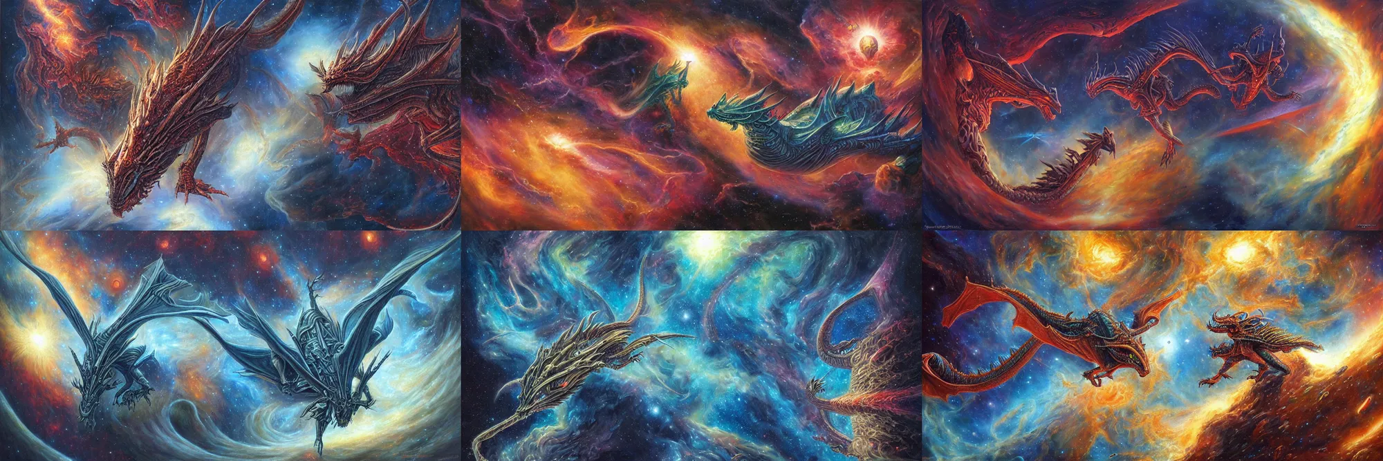 Image similar to an alien dragon flying in outer space, epic nebula, Dan Seagrave art