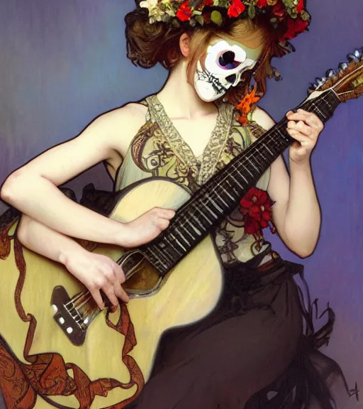 Image similar to realistic detailed painting of a cute Día de los Muertos girl playing guitar by Alphonse Mucha Ayami Kojima Amano Charlie Bowater, masterpiece