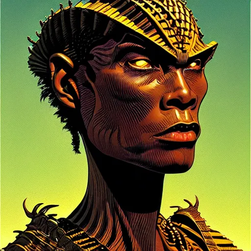 Image similar to portrait soft light, by killian eng and bernie wrightson, inspired by shaka zulu science fiction, fine, sharp high detail, screen print,