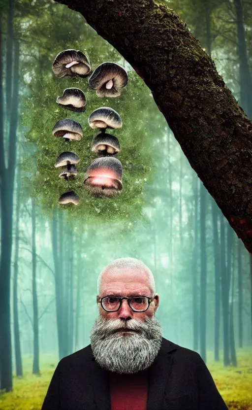 Prompt: realistic colorful photo portrait of a sad old man with mushrooms growing on his beard, perfectly symmetrical, illuminated forest in the background, full light, ultra rendered, extreme realism, 8 k, photorealistic,