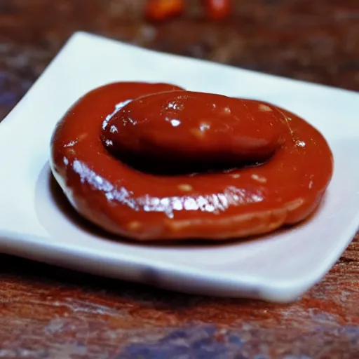 Image similar to film still of a human made of baked beans