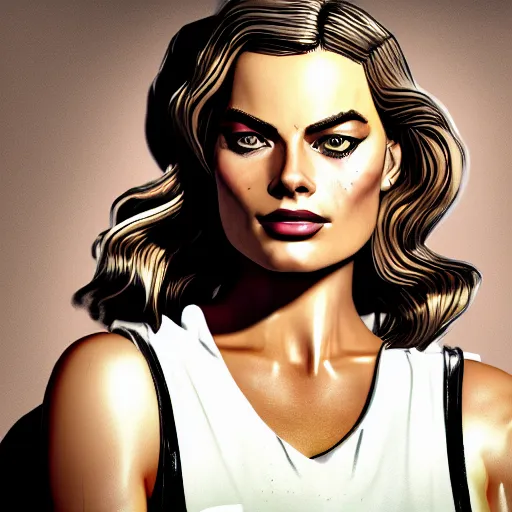 Image similar to margot robbie portrait, borderlands, tales from the borderlands, the wolf among us, comic, cinematic lighting, studio quality, 8 k