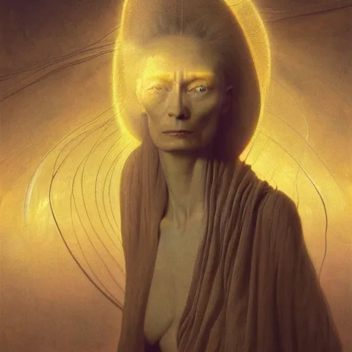 Image similar to Woman masterpiece, Tilda Swinton, yellow, golden halo behind her head, wires everywhere, by Edgar Maxence and Ross Tran, Zdzisław Beksiński, and Michael Whelan, distant, gustav dore, H.R. Giger, 8k, octane render