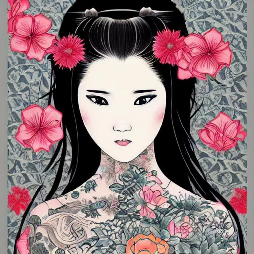 Image similar to tattoo design, stencil, traditional Japanese, beautiful portrait of a girl surrounded by flowers by artgerm, artgerm, digital art