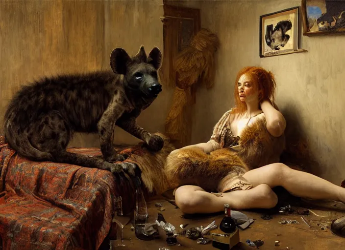 Prompt: an exhausted hyena girl in her studio with a bottle of whisky, fluffy, furry pelt, furry body. highly detailed painting by edgar maxence and caravaggio and michael whelan and delacroix style, artistic, intricate drawing, cinematic lighting, hyper realistic, extremely detailed, establishing shot, 8 k resolution, dramatic lighting