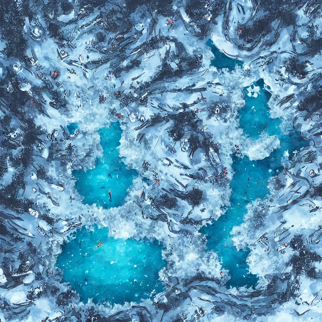 Image similar to a d & d background of a frozen lake with monsters beneath the ice, viewed from above, high quality digital art, gridless, vivid, blue tones, oil painting, trending on arstation, oil painting