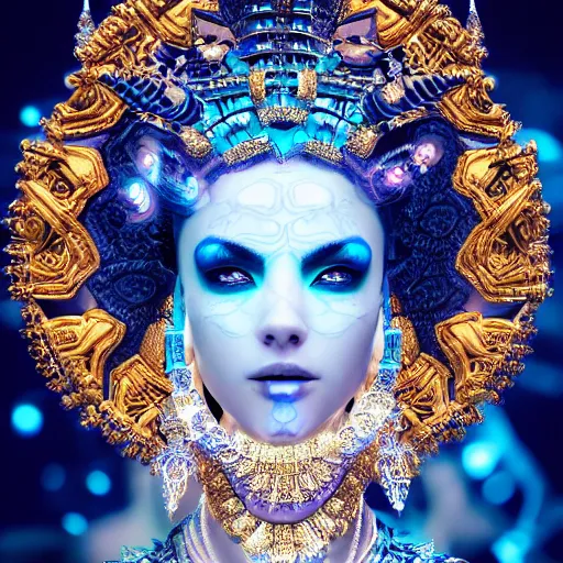 Image similar to portrait of demon goddess with perfect skin, glowing, ornate and intricate blue jewelry, jaw dropping beauty, glowing background lighting, white accent lighting, hyper detailed, 4 k octane render