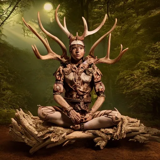 Image similar to warrior with surface of tree - bark, wearing stone wood vines antlers armor, sitting in lotus position, meditation, highly detailed, dramatic lighting, cinematic, sci - fi, hyperrealistic, detailed