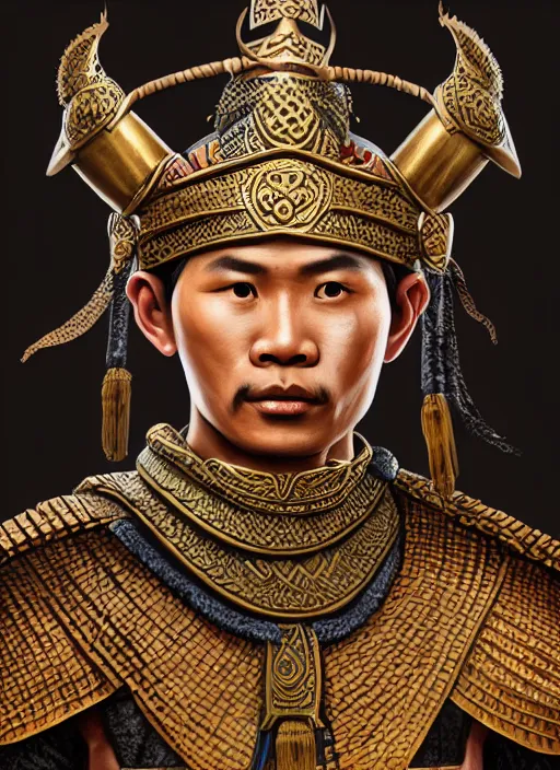 Image similar to smart tai warlord of lanna, chiang mai, closeup portrait, without beard and mustache, historical hero, ethnic group, tai costume, thai traditional bronze headdress, intricate, with leather armor cross on bare chest, elegant, loin cloth, highly detailed, oil painting, artstation, concept art, matte, sharp focus, illustration, hearthstone, art by earl norem