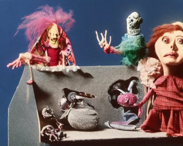 Image similar to still from a full - color 1 9 8 5 cute live - action stop - motion puppetry film by the brothers quay, involving cotton and gemstones, inside elaborate dioramas.