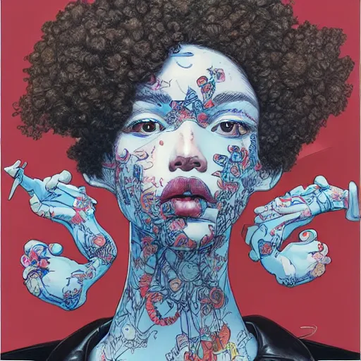 Image similar to james jean artwork of a beautiful girl with an afro and a leather jacket