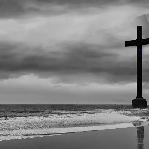Image similar to a highly detailed black and white matte painting of a large cross standing on the beach as a storm comes in with the tide, woman sitting in the sand watching the ocean, epic fantasy, god rays, rocky beach, ultrawide lense, aerial photography, unreal engine, exquisite detail, 8 k, art by albert bierstadt and greg rutkowski and alphonse mucha